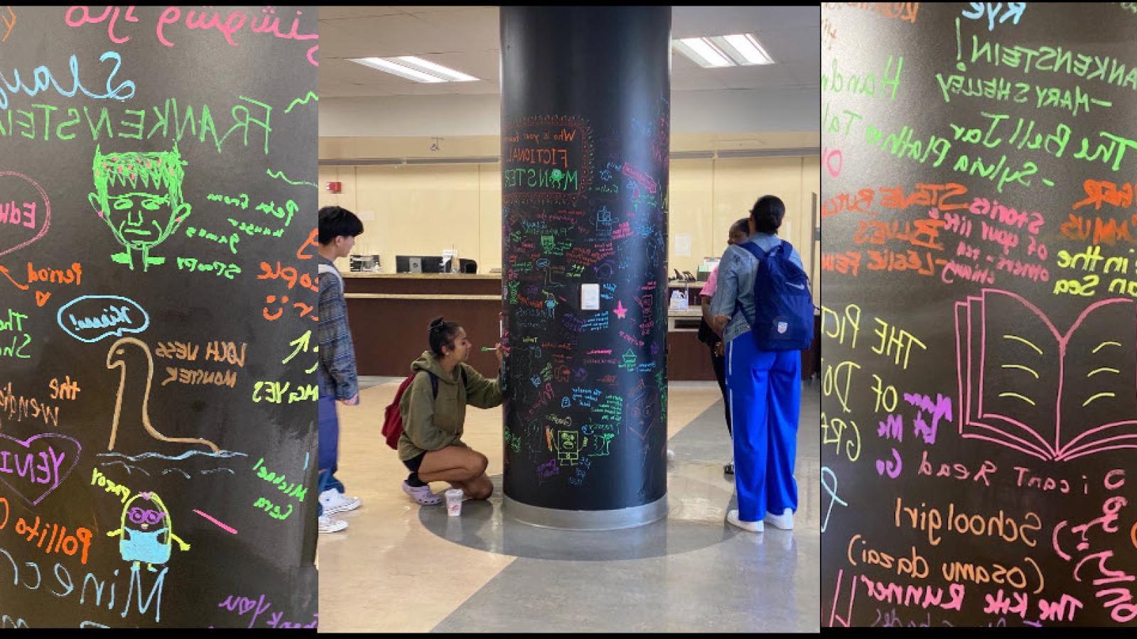 学生们在柱子上写字，并对这些字迹进行近距离拍摄